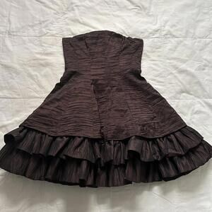 Y2K Nightway Brown strapless mini dress fluffy tulle crinoline underlay ruffled